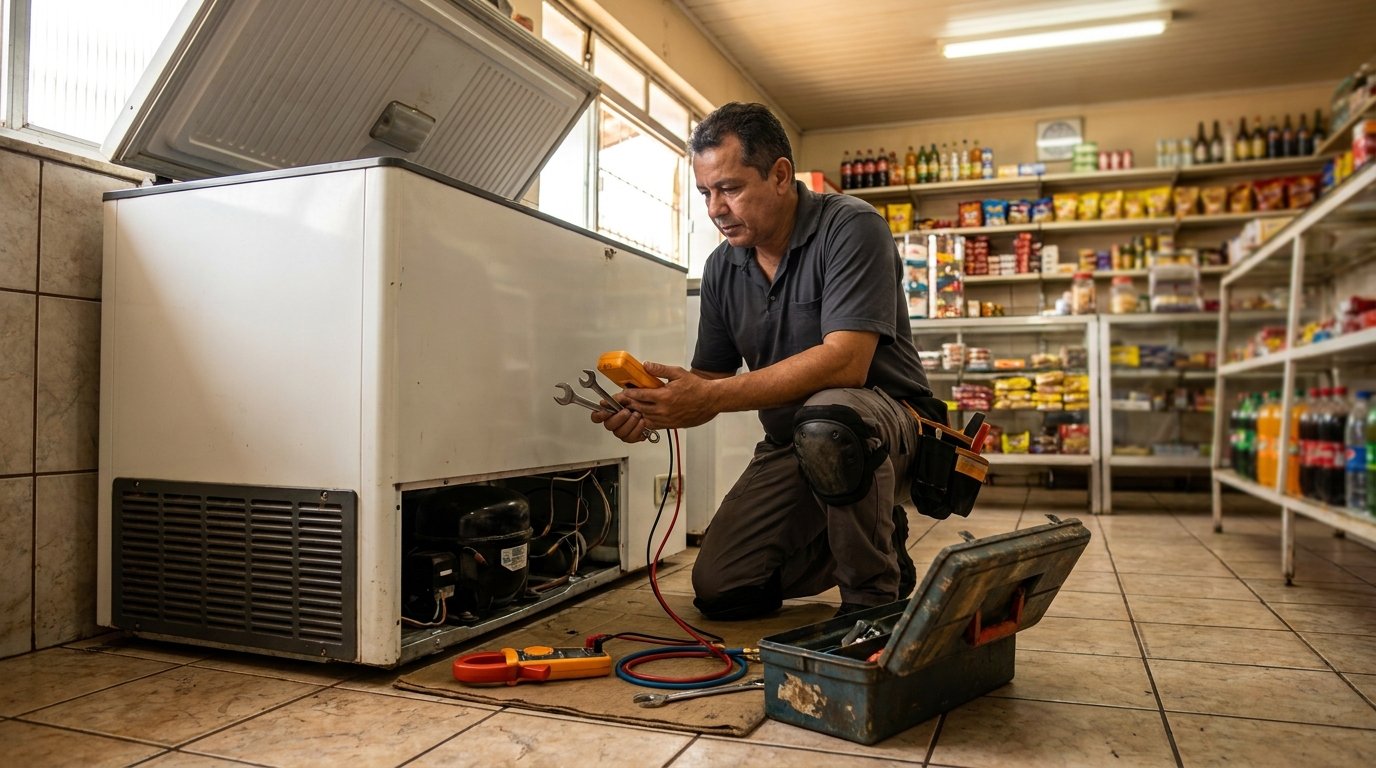 Profissional executando manutenção no motor de freezer em Santo André‑SP