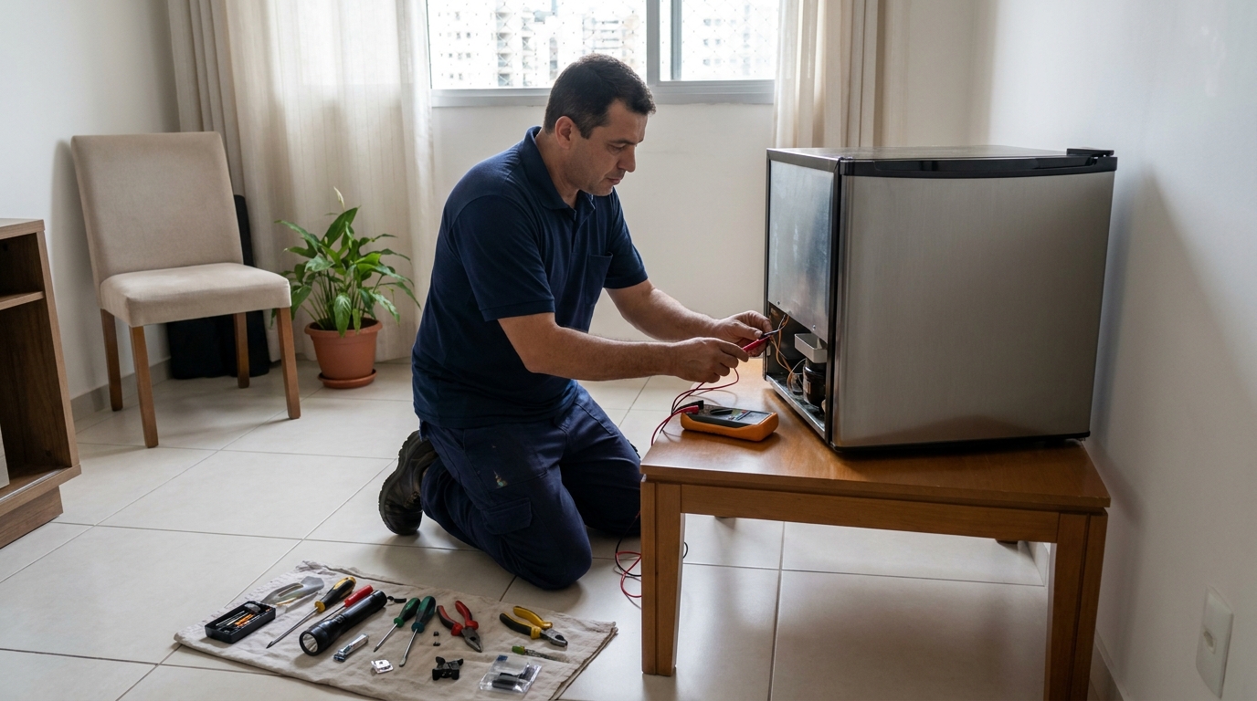 Técnico fazendo manutenção do motor de frigobar em Santo André‑SP