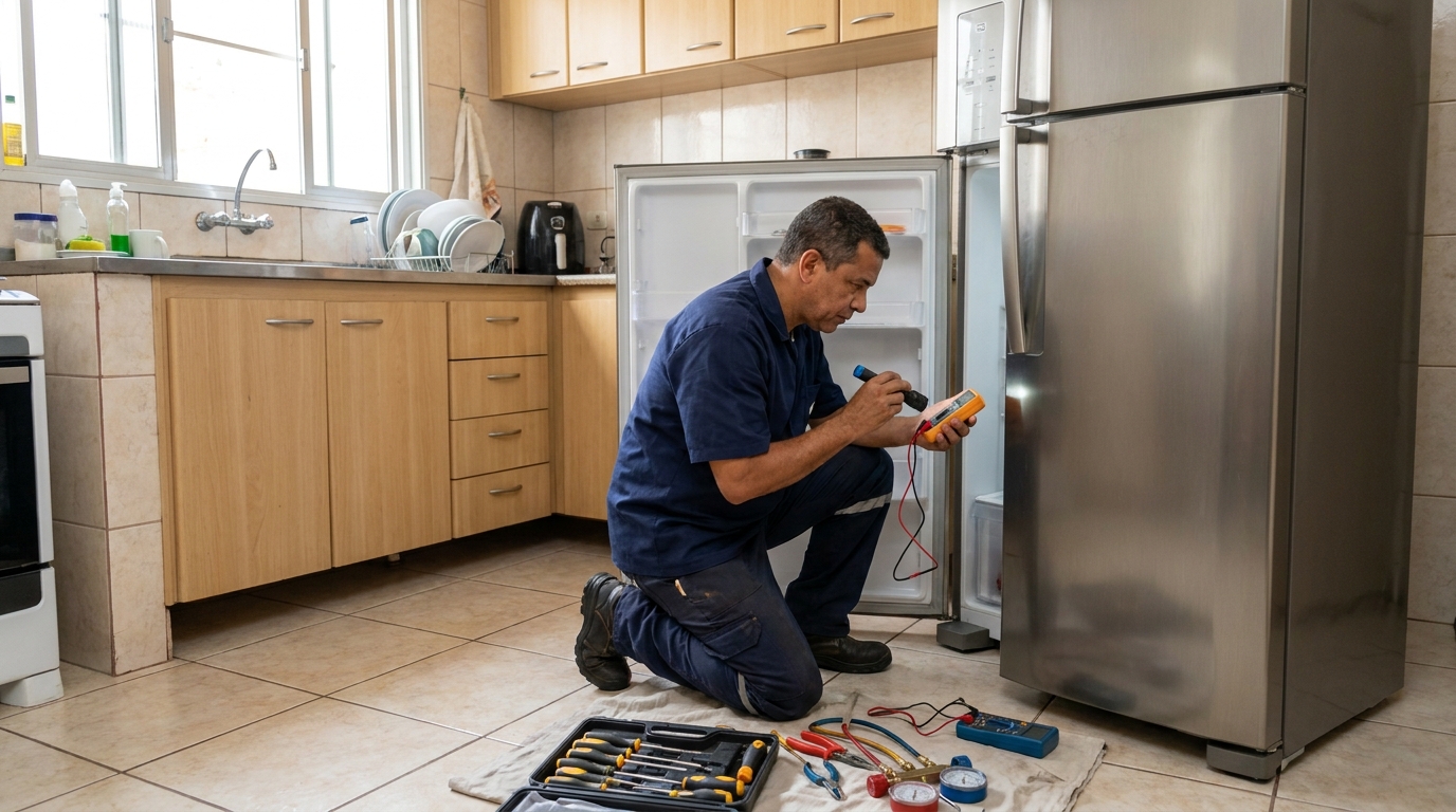 Técnico aplicando recarga de gás refrigerante em geladeira em Santo André‑SP